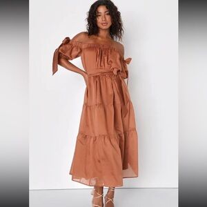 Charming Adoration Brown Tiered Off-the-Shoulder Midi Dress